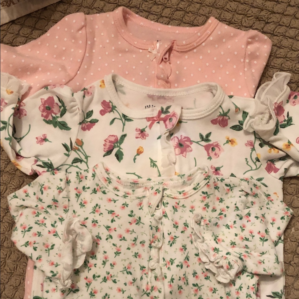 Little Me Pink, White And Green Floral Baby One-Piece Bundle